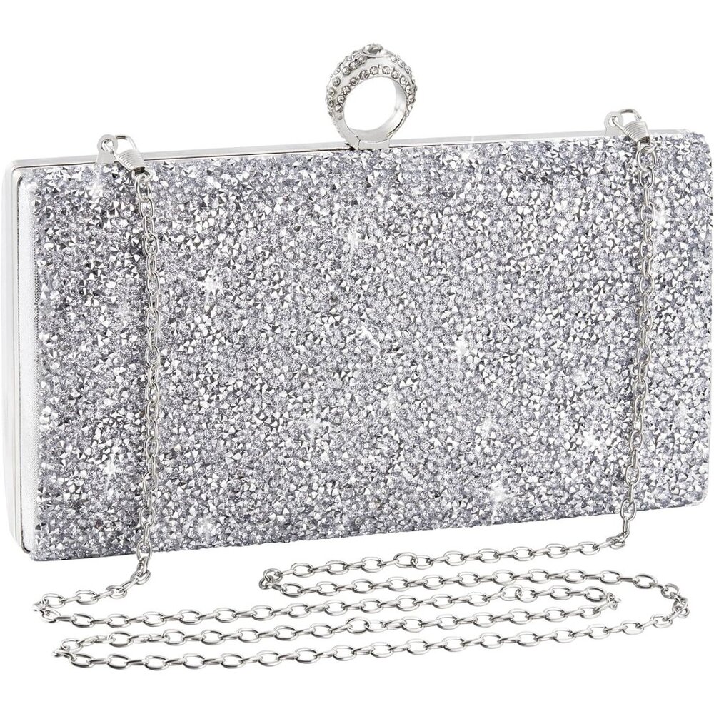 ⚡ Women's Rhinestone Evening Glitter Silver Bling Shoulder Clutch Handbag